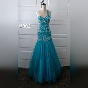 Teal Blue Beaded Tulle Fit & Flare Prom Dress